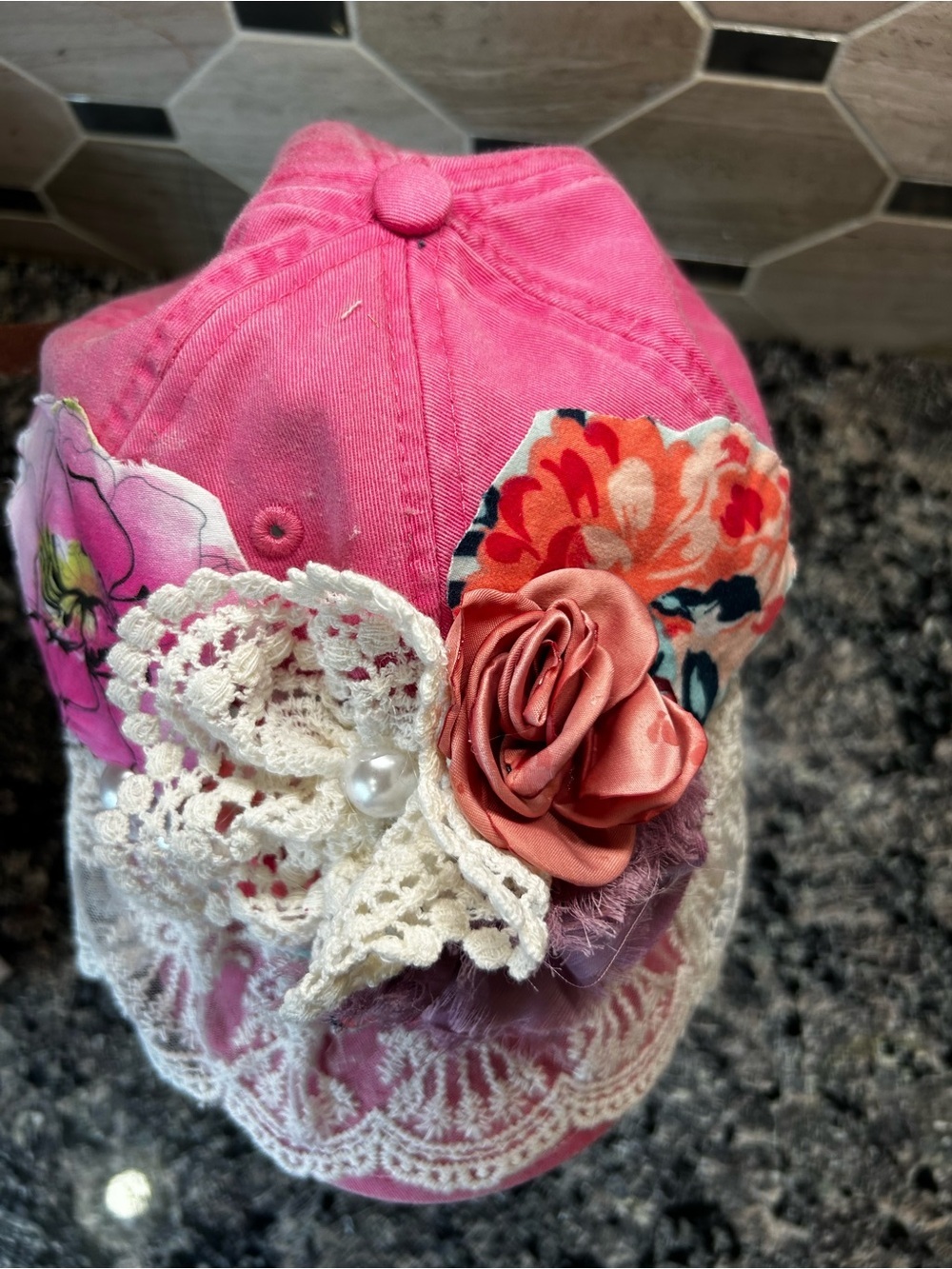 NewHandcrafted Boho Cottagecore Women Pink Lace Floral Baseball Cap OOAK - Picture 6 of 10